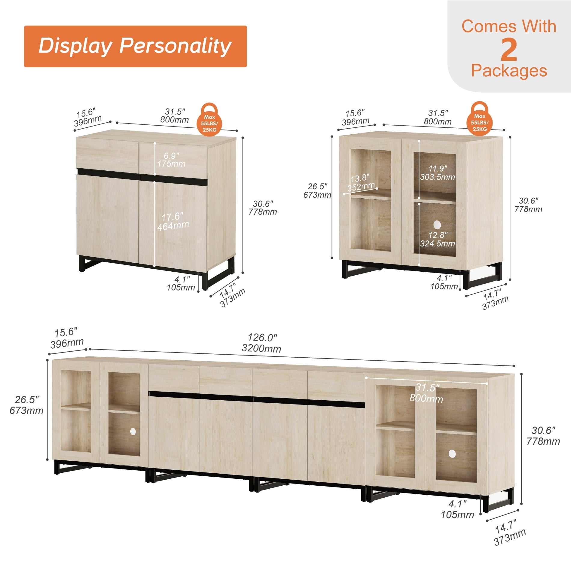 Modern Sideboard With Adjustable Shelves, 4 In 1 Storage Cabinet With Glass Doors, Coffee Bar Cabinet For Living Room, Kitchen,Dinning Room,Beige