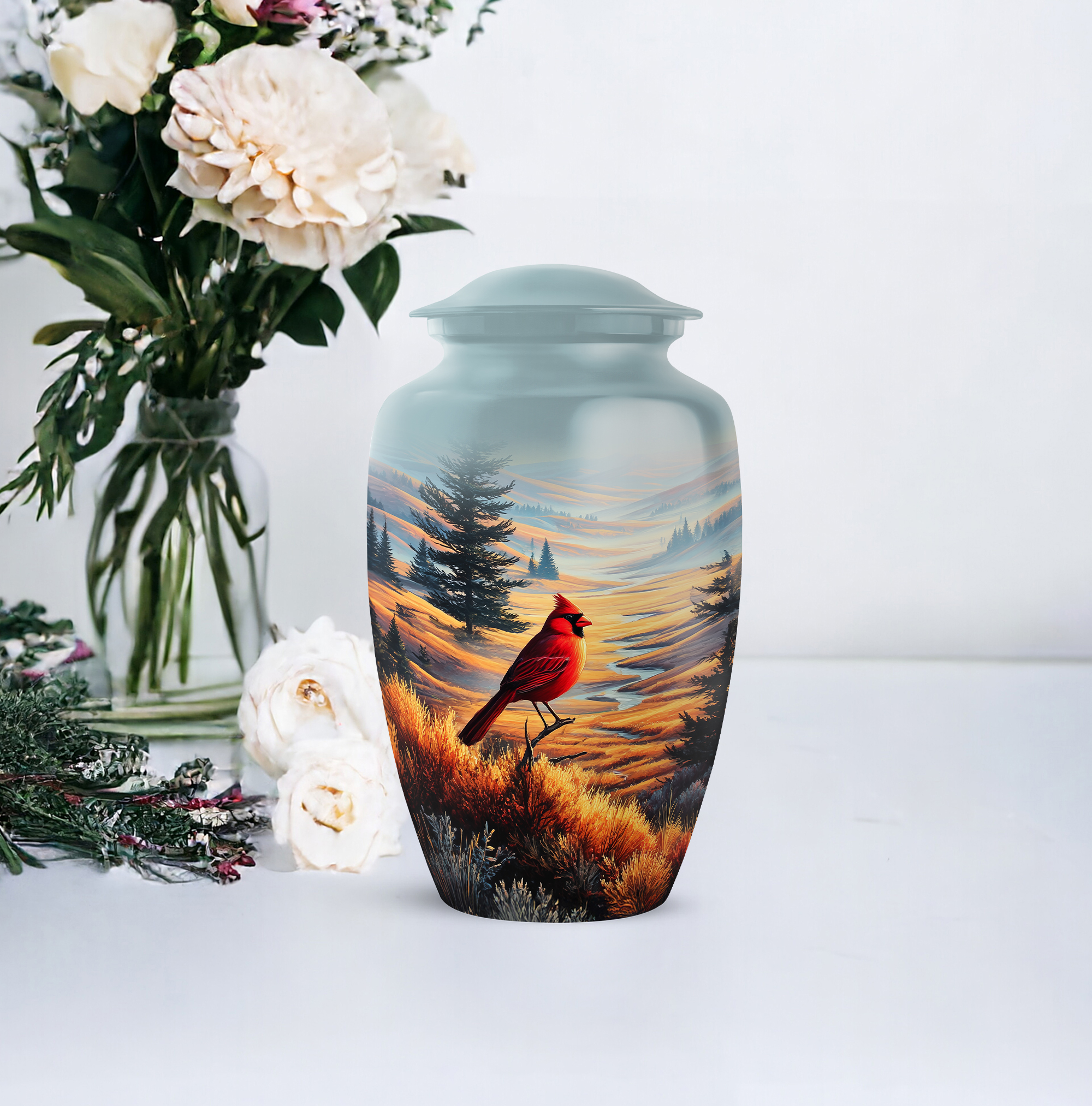 Cardinal Bird Funeral Urn For Ashes For Women - Large Mountain Urns For Human Ashes Adult Male - Blue Cremation Urns For Mom - Funeral Urn For Male, 10 Inch
