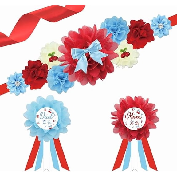 Cherry Blue Bow Baby Shower Maternity Sash and Corsage Pin Set He's the Cherry on Top Mom to Be Dad to Be Corsage Pin Flower Belly Band for Baby Shower Gender Reveal Pregnancy Photography Props