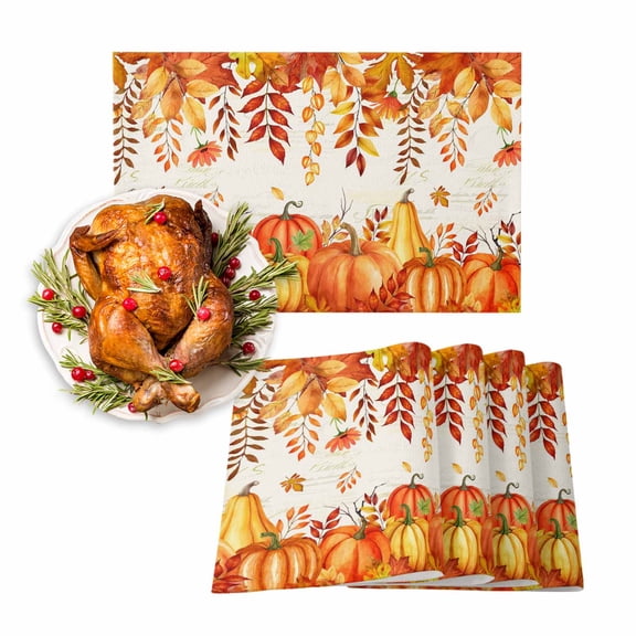 Fall Placemats Set of 4 Autumn Harvest Pumpkin Place Mats Thanksgiving Placemat Orange Maple Leaf Table Mats for Dining Kitchen Table Holiday Dinner Party Home Fall Decorations 13x19 Inch