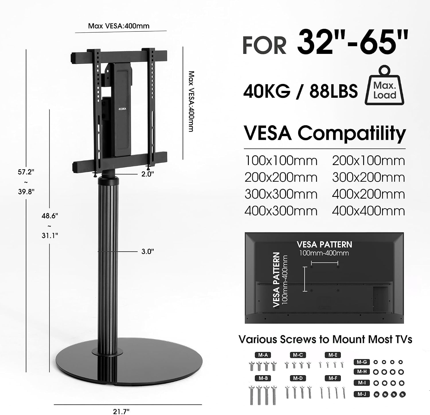AOKCOS Floor TV Stand for 32–65 Inch TVs, Black, Swivel & Tilt, Height Adjustable, Grilux Series
