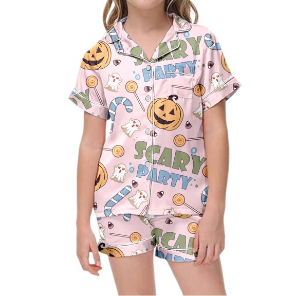 Kids Halloween Pajamas Size 8-9 Years Nightwear Full Print Top with Elastic Shorts Soft Homewear Girls Pajama Set Pink