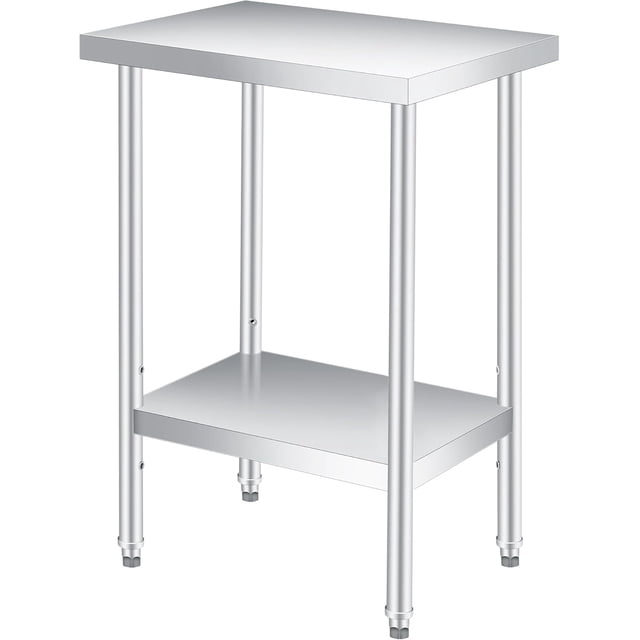YUSAZENS 201 Stainless Steel Double Layer Storage Table, Mobile Workbench Tool Cart 12*24"+legs