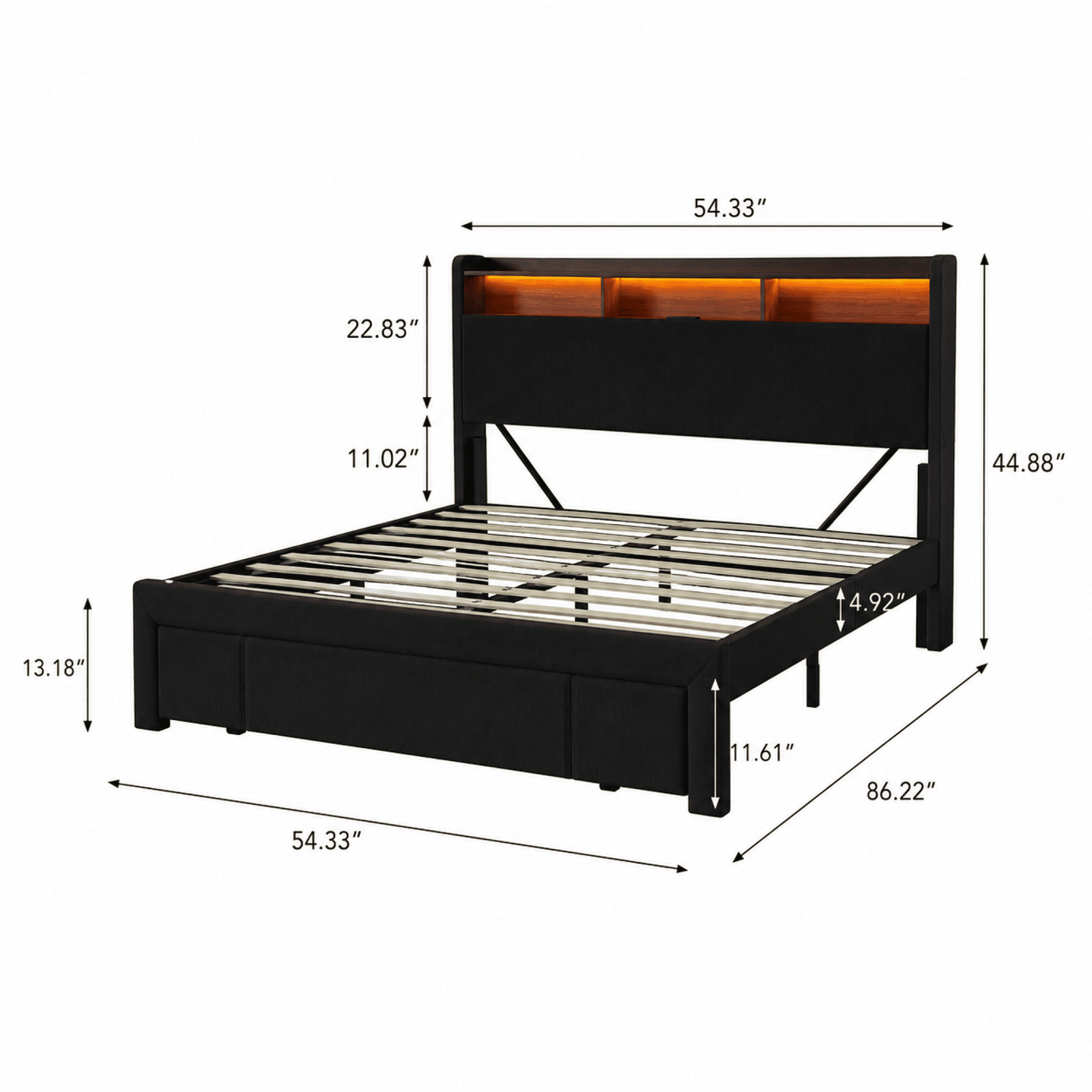 Leumius Full Size Bed Frame,Upholstered Platform Bed Frame with LED & Charging Station,Drawers and Storage Headboard,Noise-Free, No Box Spring Needed,Black(Full)