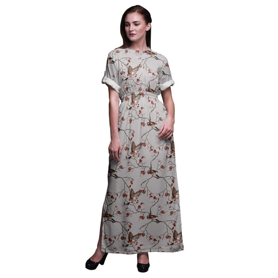Bimba Rayon Dry Leaves & American Goldfinch Bird Smocked Waist Printed Gown Maxi Side Slit Ladies Dress-XXX-Large