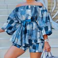 thumbnail image 1 of ICHUANYI Clearance Women Casual Printed Off Shoulder Bubble Sleeve Top Shorts Set(Blue, M) ICHUANYI WER2023081107328, 1 of 6