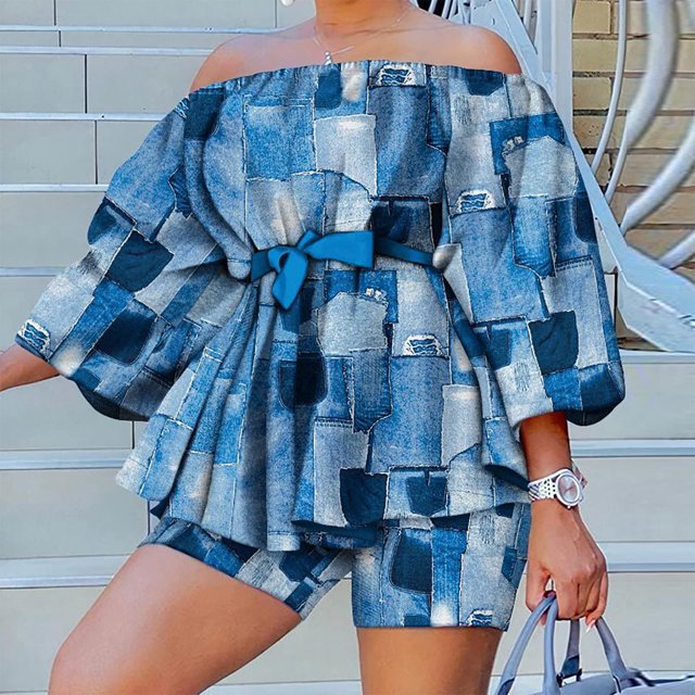 ICHUANYI Clearance Women Casual Printed Off Shoulder Bubble Sleeve Top Shorts Set(Blue, M) ICHUANYI WER2023081107328