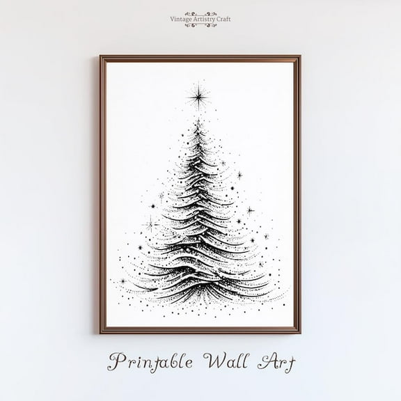 Minimalist Christmas Tree Wall Art Decor, Modern Black And White Holiday Print, Simple Line Art Scandinavian Home Christmas Poster- Wall Art Print, 8x12 UNFRAMED