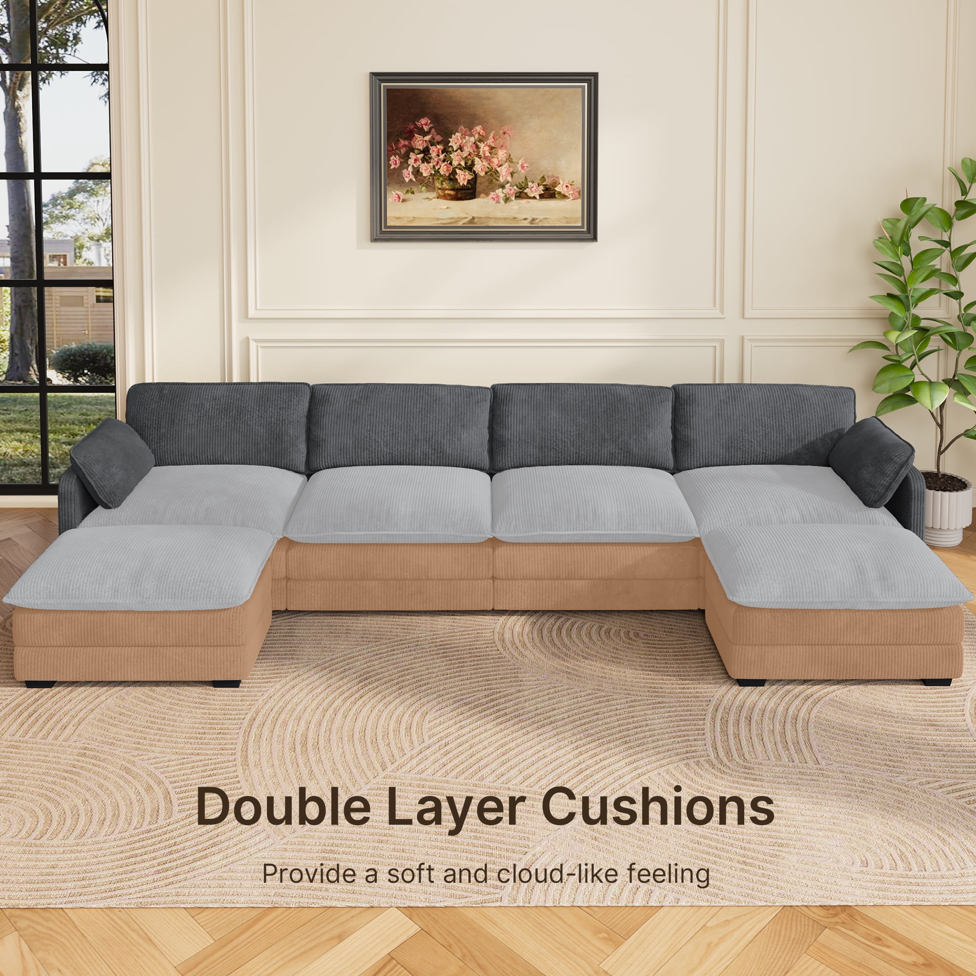U-Shaped Sectional Couches for Living Room Noelse Cloud Sleeper Sofa with Double Layer Upholstered Seat, Pet-Friendly Fabric Sofa Couches for Living Room Bedroom and Apartment, Gray