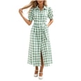 thumbnail image 2 of Ayolanni Short Sleeve Women Summer Dresses Plaid V Neck A-Line Maxi Dress Birthday Elegant Party Belted Long Dress with Puff Sleeve Green XL, 2 of 7