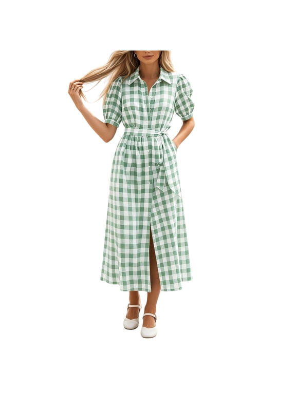 Women's Gingham Check Collared Puff Sleeve Belted Button Down Midi Shirt Dresses for Women Summer Casual & Office Wear