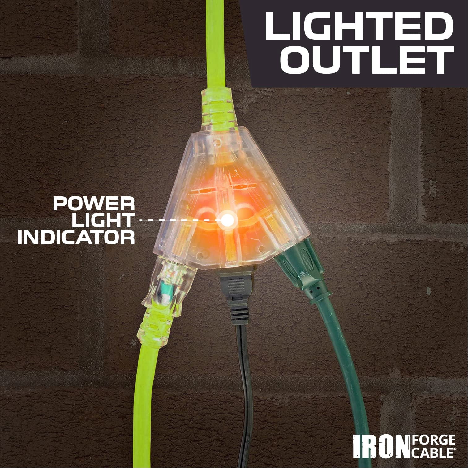 Iron Forge Cable 10 Gauge 50ft Lighted Outdoor Heavy Duty Extension Cord with 3 Outlets - 15 Amp 10/3 SJTW Green Extension Cord with Multiple Outlets
