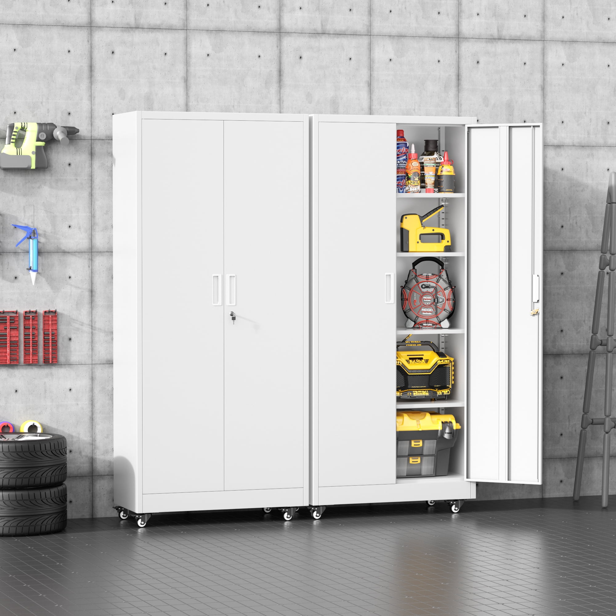 SUNCROWN Metal Garage Cabinets with Wheels,74" Rolling Storage Cabinet  and Shelves, Tall Tool Cabinet with Locking Doors for Garage,Home Office,Warehouse(White)