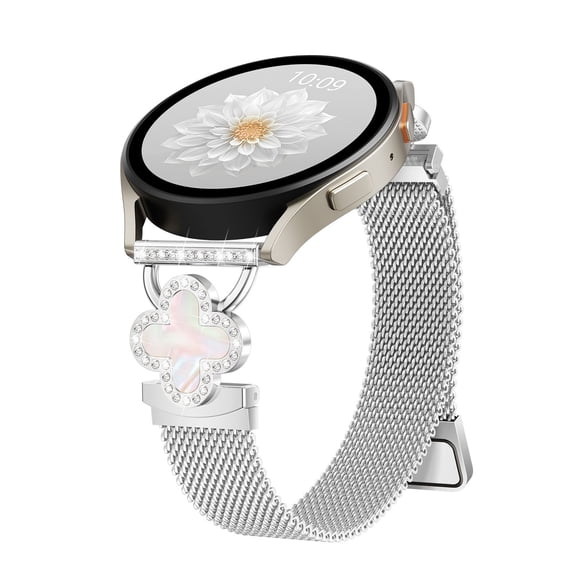 Magnetic Metal Band Compatible with Galaxy Watch 8 / Watch 8 Classic Band, Milanese Floral Dressy Strap for Samsung Watch Bands Women 40mm 44mm 46mm - Silver