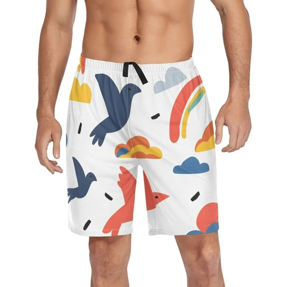 Men's Pajama Shorts Bottoms with Pockets Soft Lightweight Lounge Sleep Wear Bird Silhouette and Clouds