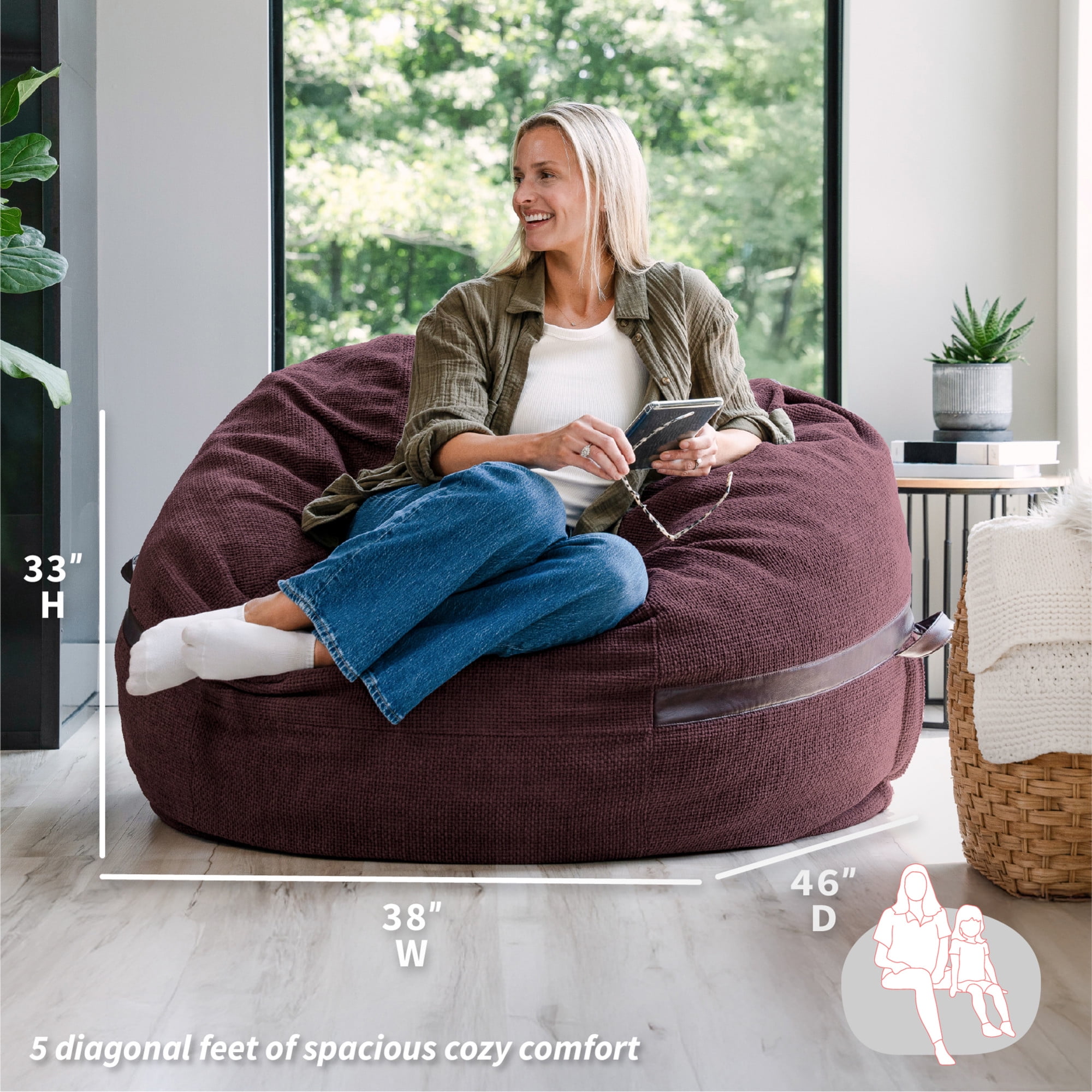 Big Joe Fuf 5Ft Oversized Foam Bean Bag Chair for Kids, Teens, Adults, Merlot Cloudweave, 5 foot Large Reading and Gaming Seat