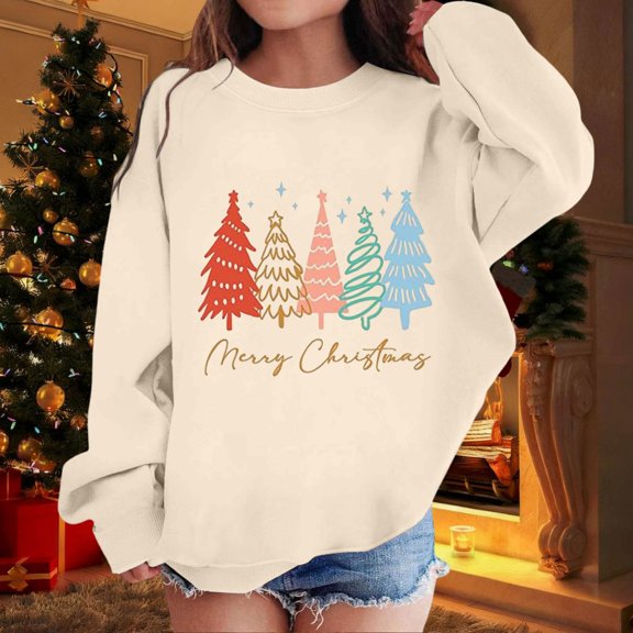 Boys Sweatshirts Kids Christmas Print Crew Neck Sweatshirt Long Sleeve Pullover Hoodless Top Beige 4-5 Years