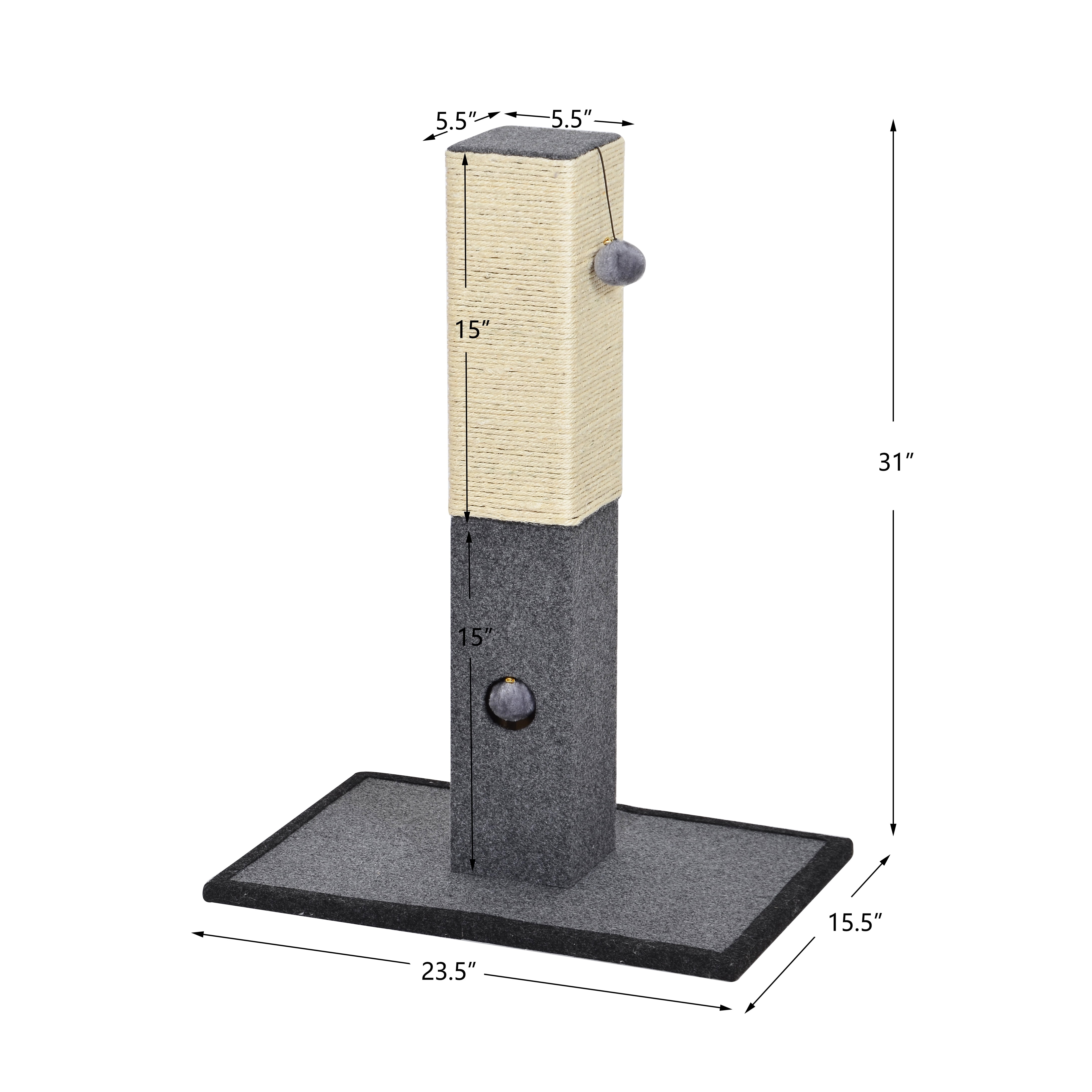 "Catry 32"" Large Gray & White Modern Sisal Scratching Post with Fleece and Rope"