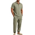 thumbnail image 6 of hotojiny Mens Summer 2 Piece Set Button Collared Short Sleeve Golf Shirt Cinch Bottoms Cargo Pants Walking Casual Outfits(Army Green,X-Large), 6 of 7