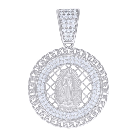 925 Sterling Silver Moissanite Cuban Link Border Medallion Mother Mary Pendant Men's Guadalupe Charm 0.84 Ct.
