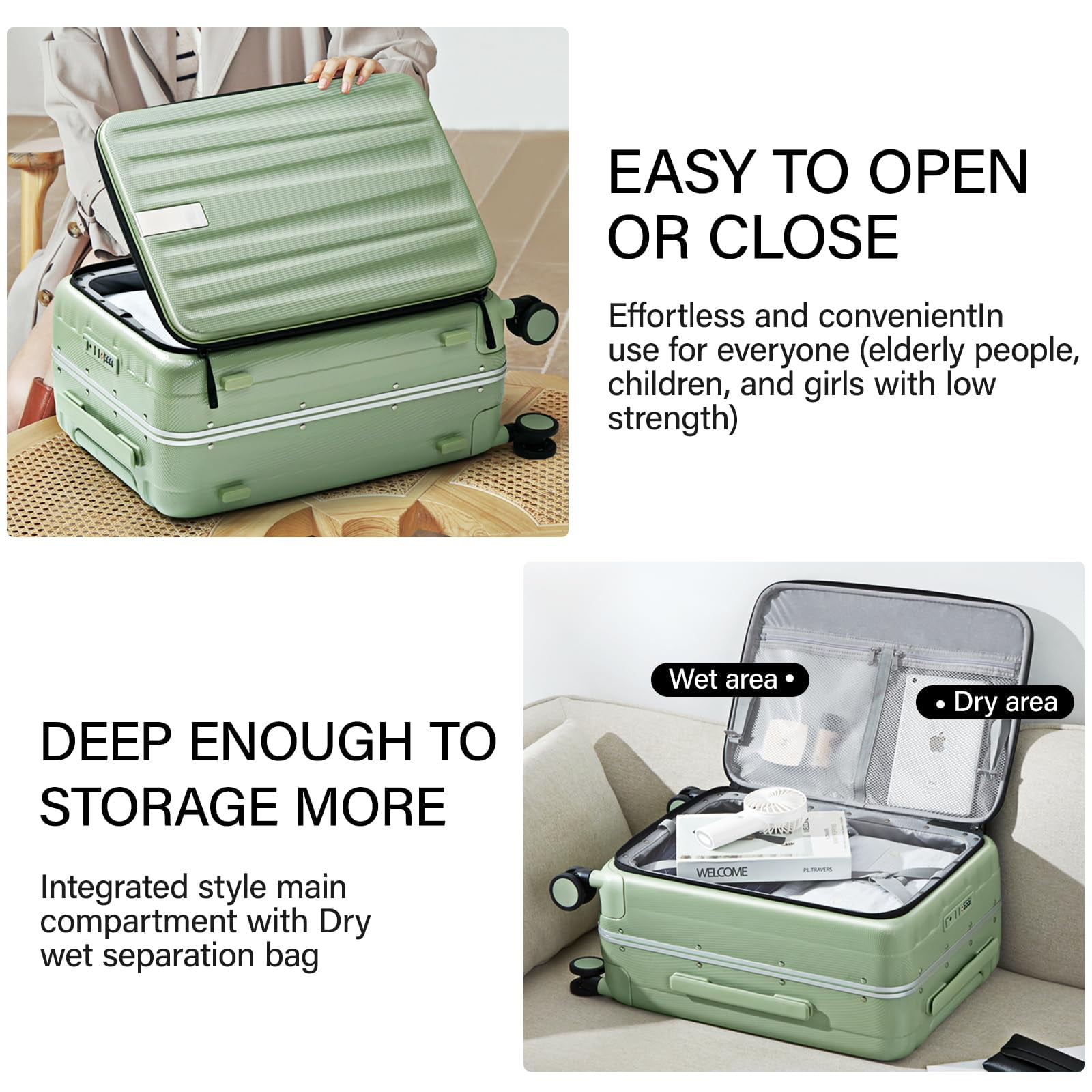 Hanke 24 Inch Checked Luggage PC Hard Shell luggage Top Opening Aluminum Frame Tsa Luggage Suitcases with Wheels for Travel Woman Men.(Bamboo Green)