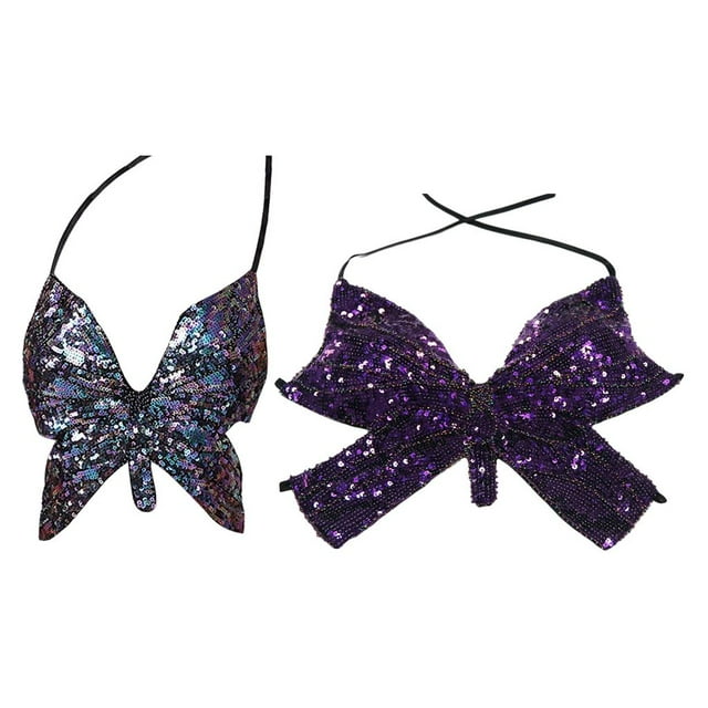 de danza del vientre indio para mujer, 2 uds., Tops cortos con cuello Halter con latinos, rendimiento Negro Púrpura Yuyangstore Sujetador de danza del vientre para mujer