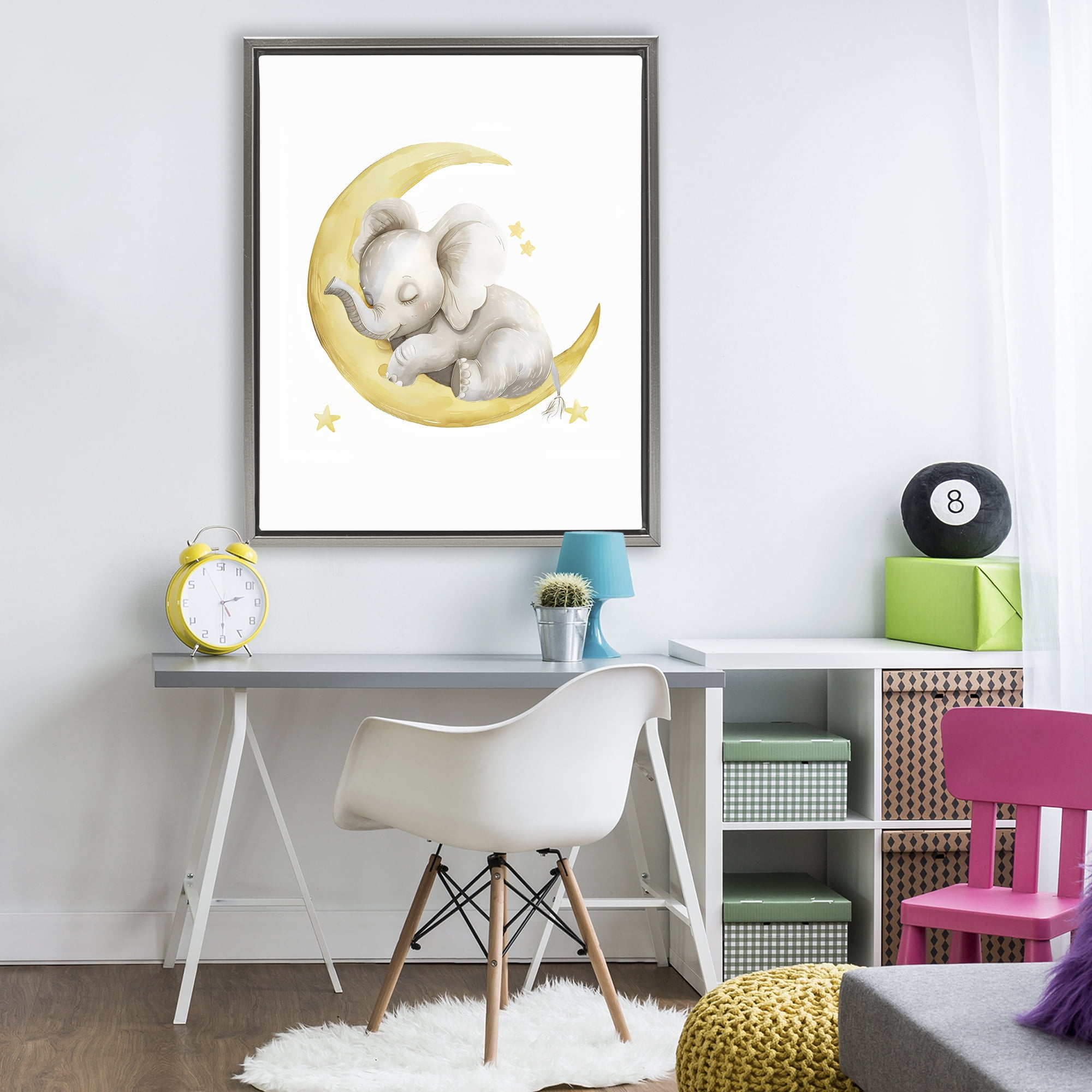Stupell Industries Sleeping Elephant on Yellow Moon Gray Framed Floater Canvas Wall Art, design by LSR Design Studio