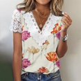 thumbnail image 1 of EGNMCR T-Shirts pour Femmes Femmes Mode Été Pli Imprimé Régulier Femmes Manches Courtes Col en V Bouton Haut, 1 of 5