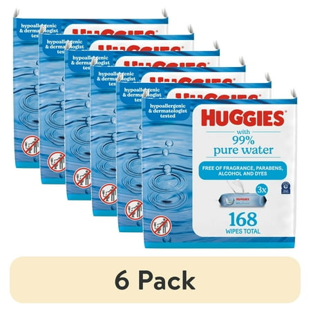 (6 pack) Huggies 99% Pure Water Unscented Wipes, 3 Flip-Top Packs, 168 Total Count (Select for More)