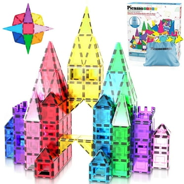 PICASSO-TILES Magnetic Tiles For Kids with Tote Bag, 61PCS Construction STEM Building Blocks Educational Toy