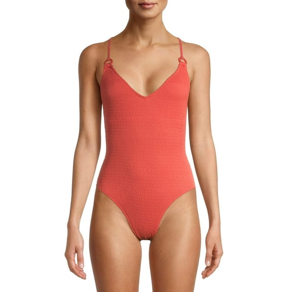 YMI Women’s Smocked One-Piece Swimsuit With Ring Detail