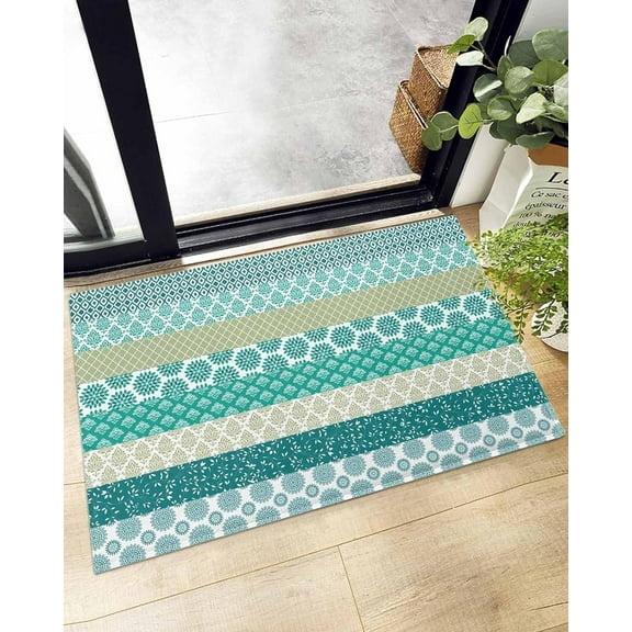Shag Bath Rugs Aqua Retro Floral Striped Plush Soft Fluffy Doormat Floor Carpet,Non-Slip Living Room Bedroom Kitchen Entryway Door Mats Ethnic Bohemia Style