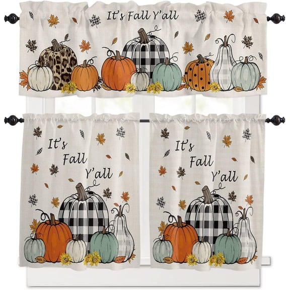 Thanksgiving 3 Piece Kitchen Curtains Tiers and Valances Set, Fall Orange Pumpkin Maple Leaves Sunflower Vintage Beige Rod Pocket Short Window Tiers Curtains Panel and Valance for Cafe Bathroom