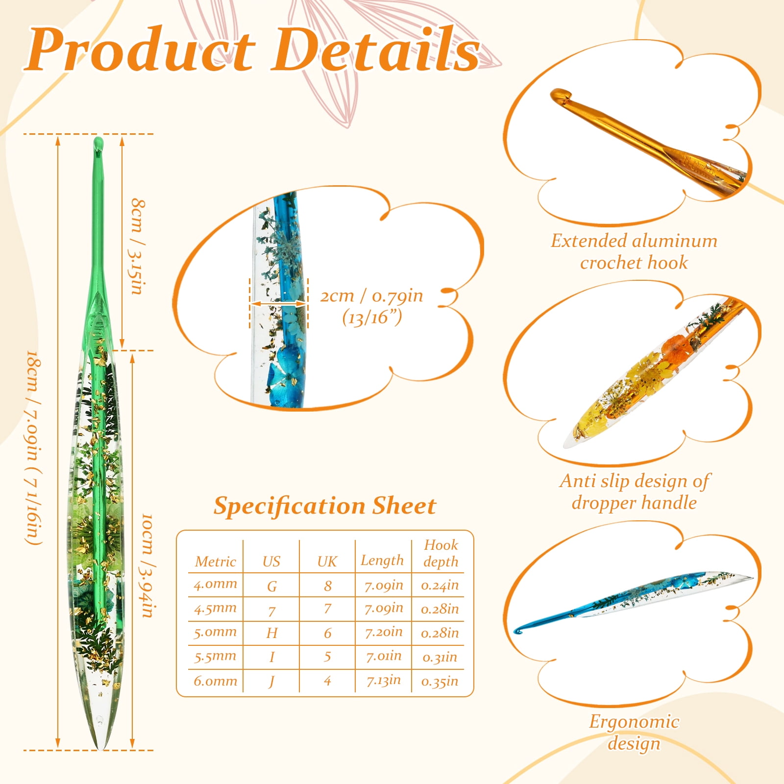 Atopoler 5Pcs Crochet Hook Set,5 Size Practical Ergonomic Crochet Needle,Hand Knitting Yarn Hook for DIY Craft Lover Crocheting