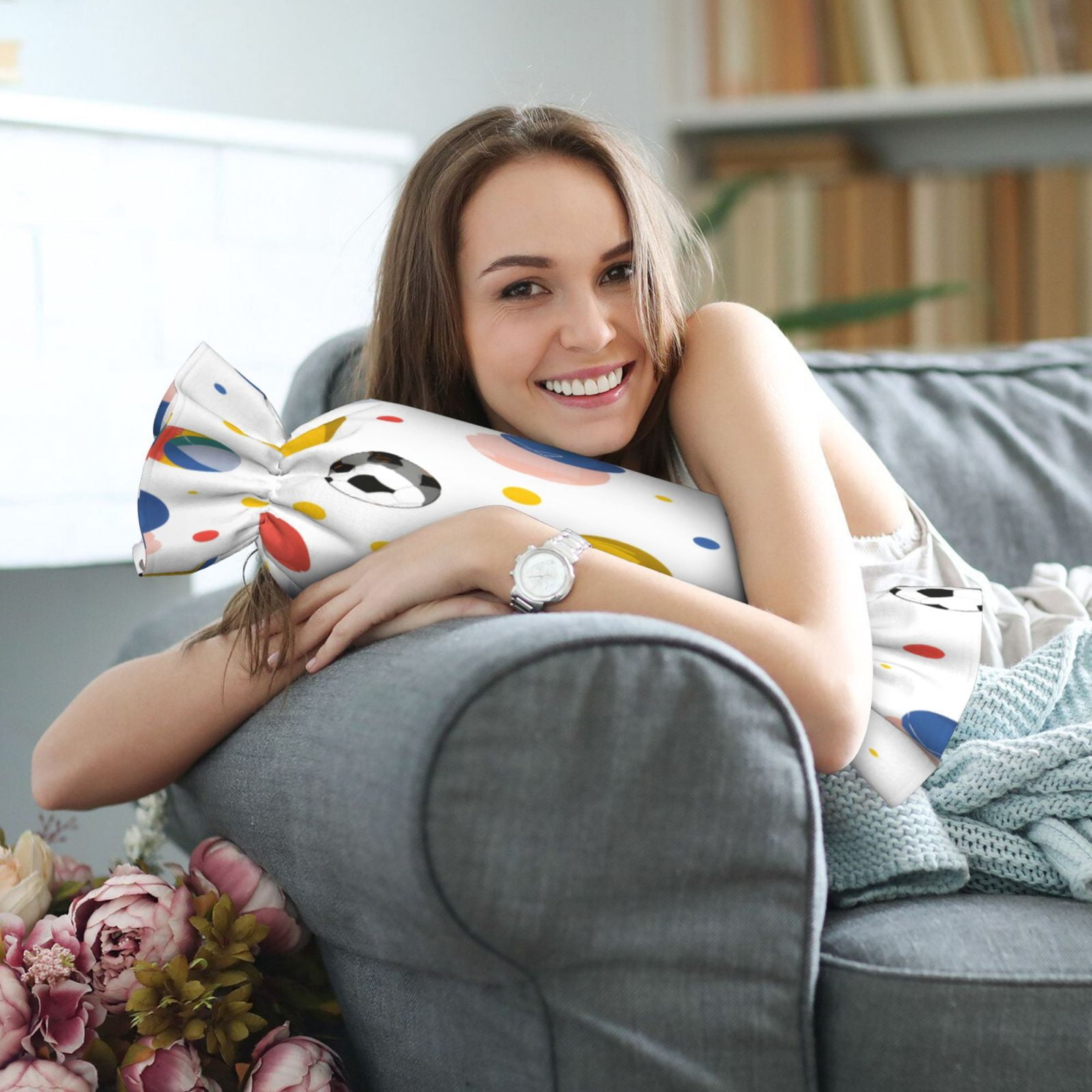 Candy Throw Pillow Travel Cervical Pillow Cylindrical Neck Body Cushion With Insert For Bed Couch Home Decor 9.8x24.4in Geometric Sports Balls Bright Multicolor
