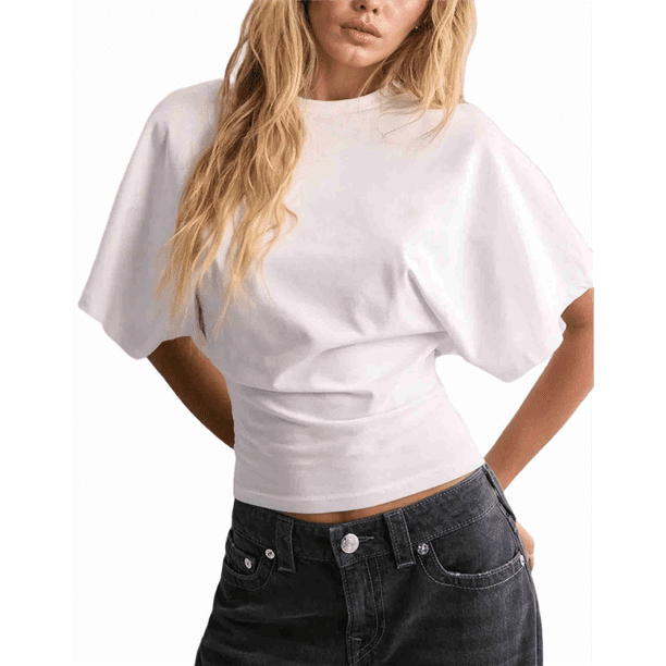 Camisetas para Mujer, Cuello Redondo, Cintura Ajustada, Informal, Corta, para Entrenamiento, Color Liso, Básicas, Blancas, Talla M