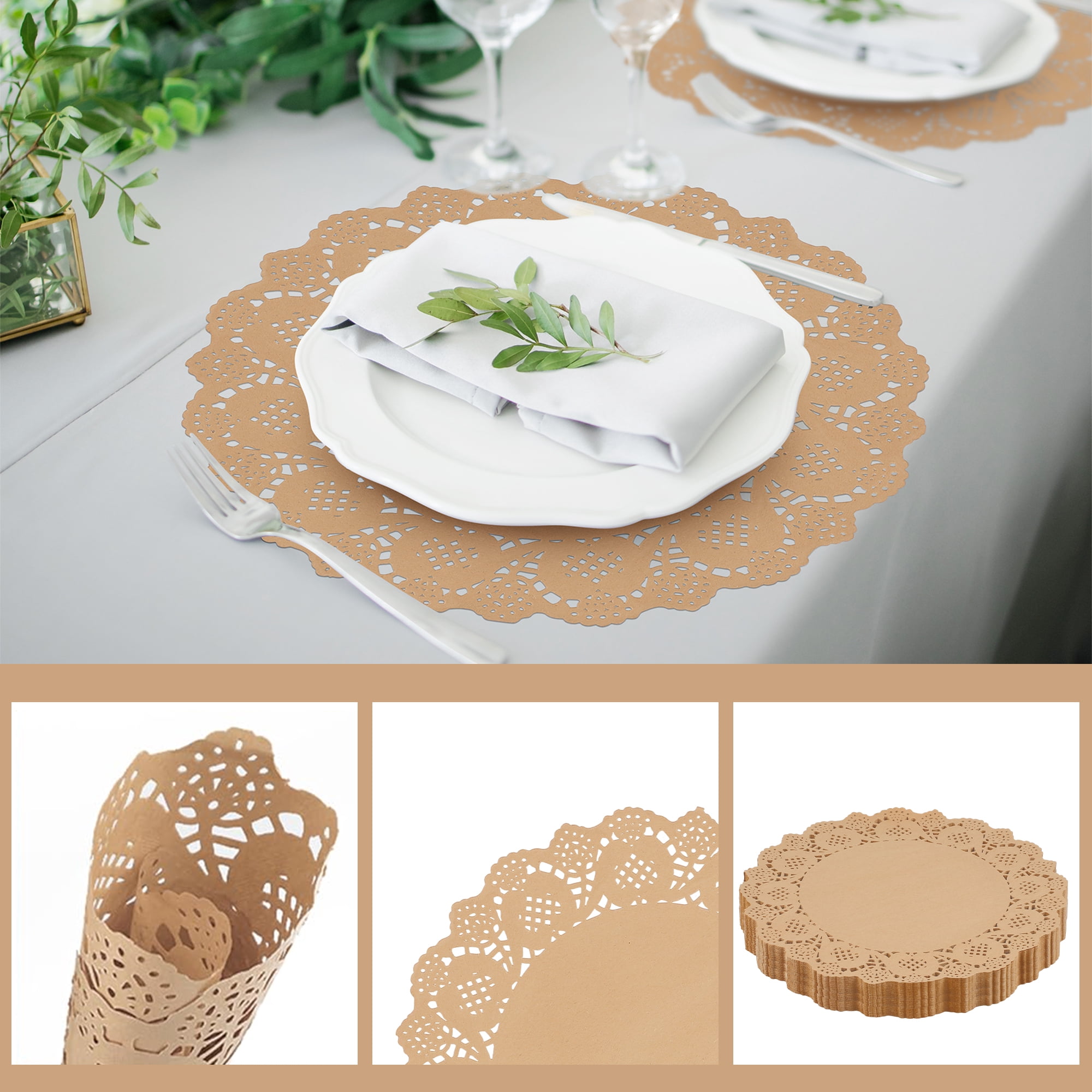 Elcoho 300 Pieces Round Kraft Paper Place Mats 13.5 Inches Lace Paper Doilies Disposable Decorative Table Mats for Weddings Food Cakes Desserts Crafts Party Decor, Brown