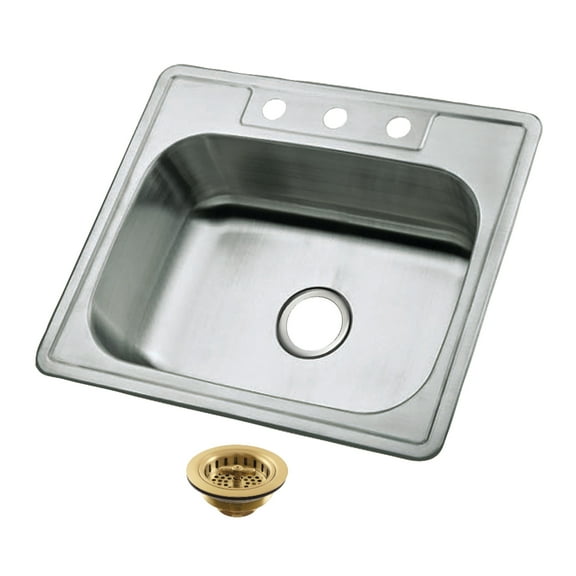 Kingston Brass Studio KGKTS25207 25" Stainless Steel Self-Rimming Single Bowl Bar Sink with 3-Hole Drain and Strainer, Stainless Steel/Brushed Brass