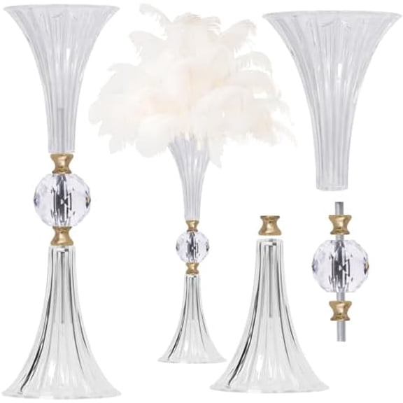 Crystal Acrylic Trumpet Vase for Wedding Centerpieces & Home Decor - 18.9" Clear Flower Stand with Ribbed Texture, Gold Accents, Table/Floor Vase for Events, Bridal Showers & Boho Weddings