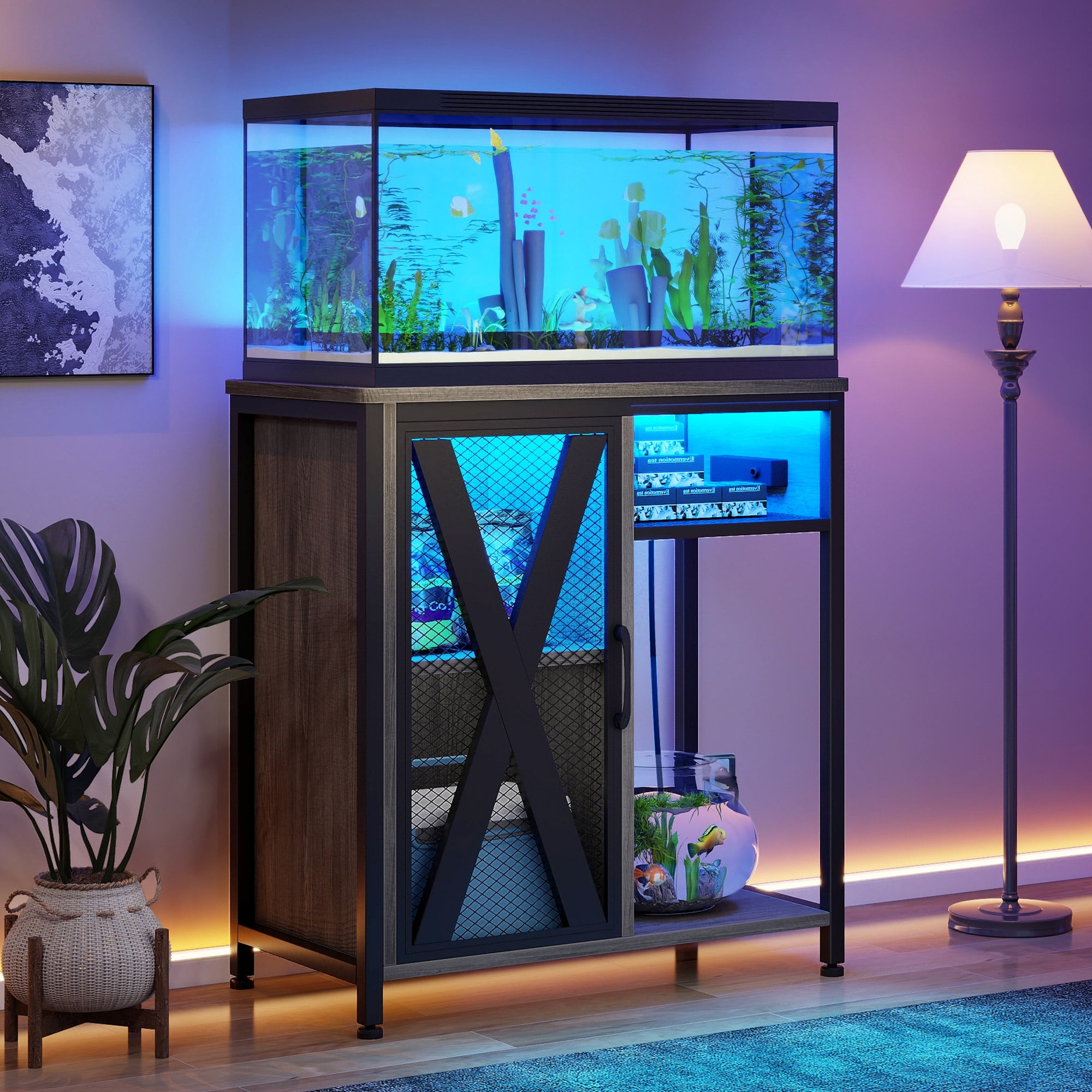 Uforic Aquarium Stand with Power Outlets & LED Light and Cabinet for 20-30 Gallon Fish Tank Stand, Turtle Tank, Reptile Terrarium - Gray