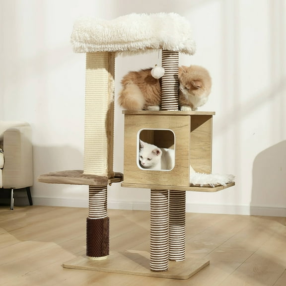 PET FULED Cat Tree, 42.13" Veneer composite board Cat Tower with Plush Beds, Sisal Scratching Posts for Indoor Catss, Natural Wood Color