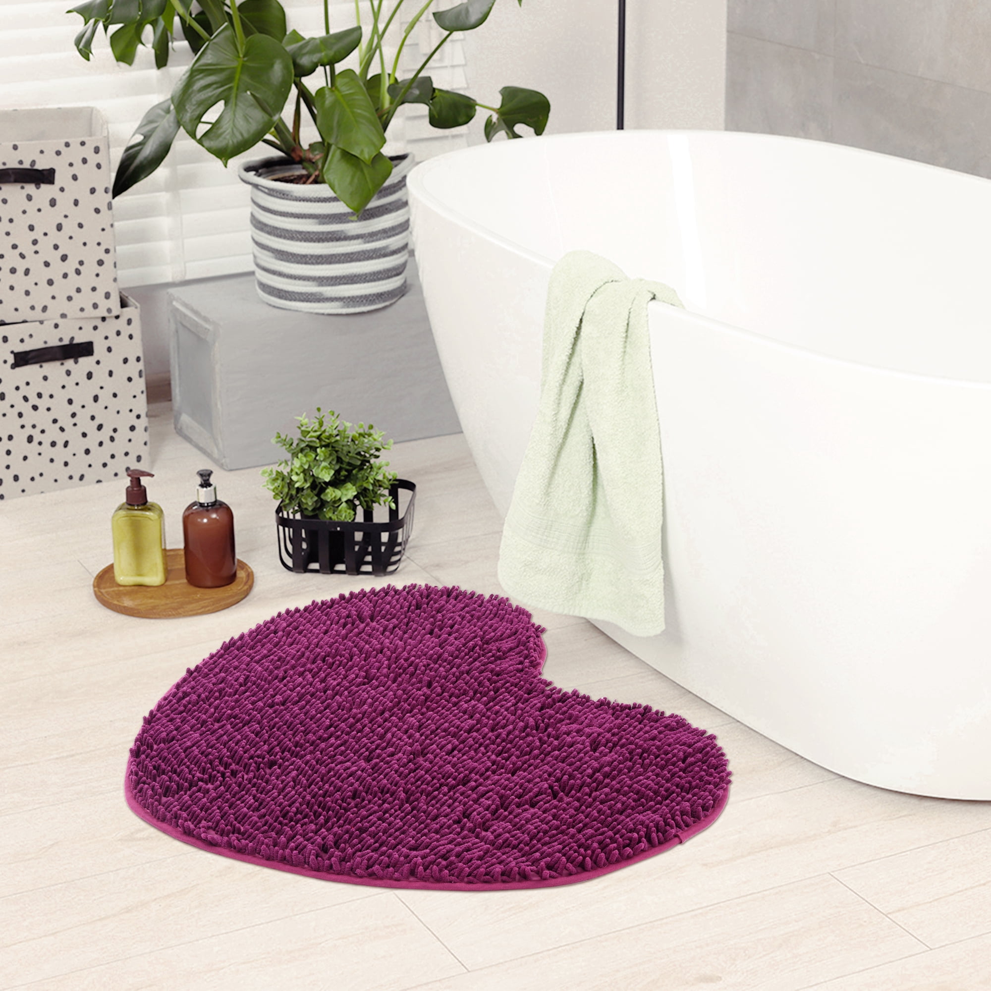 Unique Bargains Heart Shaped Chenille Bath Rugs Soft Shaggy Bath Mat Dark Purple 20" x 24"