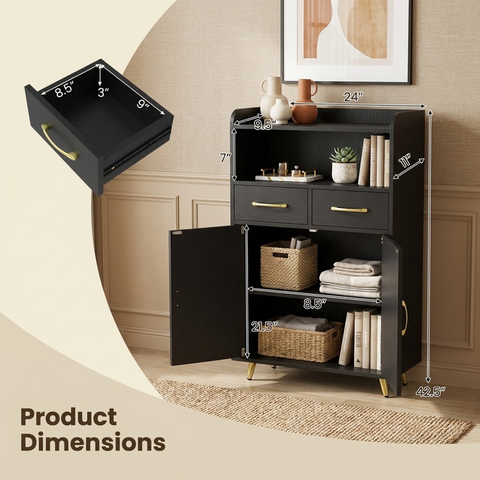 Vebreda Freestanding Bathroom Storage Cabinet, Bathroom Storage Cabinet Freestanding Floor Cabinet with 2 Drawers, Complement Various Rooms