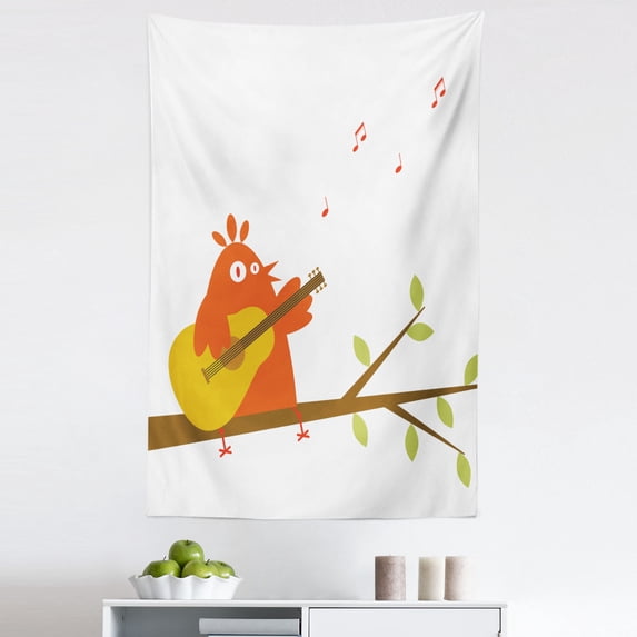 Music Tapestry, Singing Orange Bird Plays the Guitar on a Branch Cartoonish Illustration, Fabric Wall Hanging Decor for Bedroom Living Room Dorm, 5 Sizes, White and Multicolor, by Ambesonne