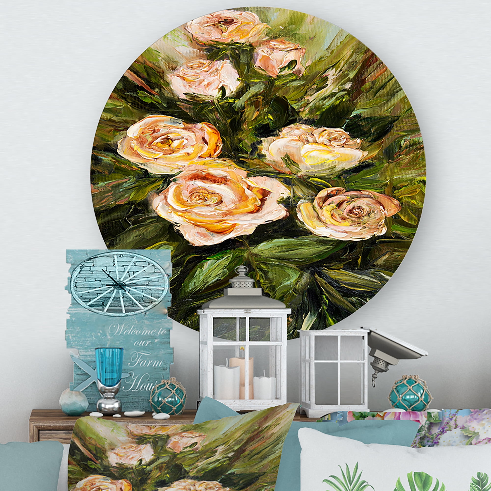 Designart 'Abstract Four VIntage Pink Roses' Traditional Circle Metal Wall Art 23x23 - Disc of 23