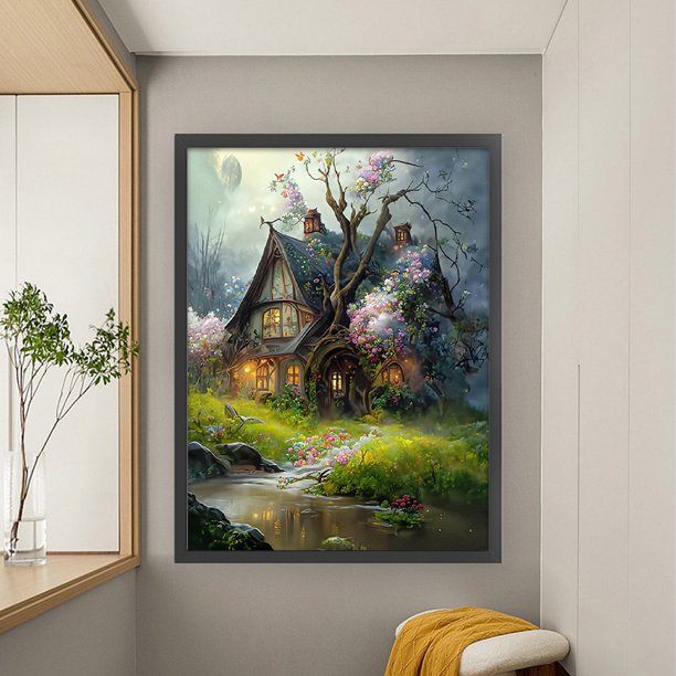 Cuadros Decorativos Bordado completo Hilo de algodón ecológico 16CT Impreso Dream Treehouse Kit de punto de cruz DQrwqpou embutido en tela