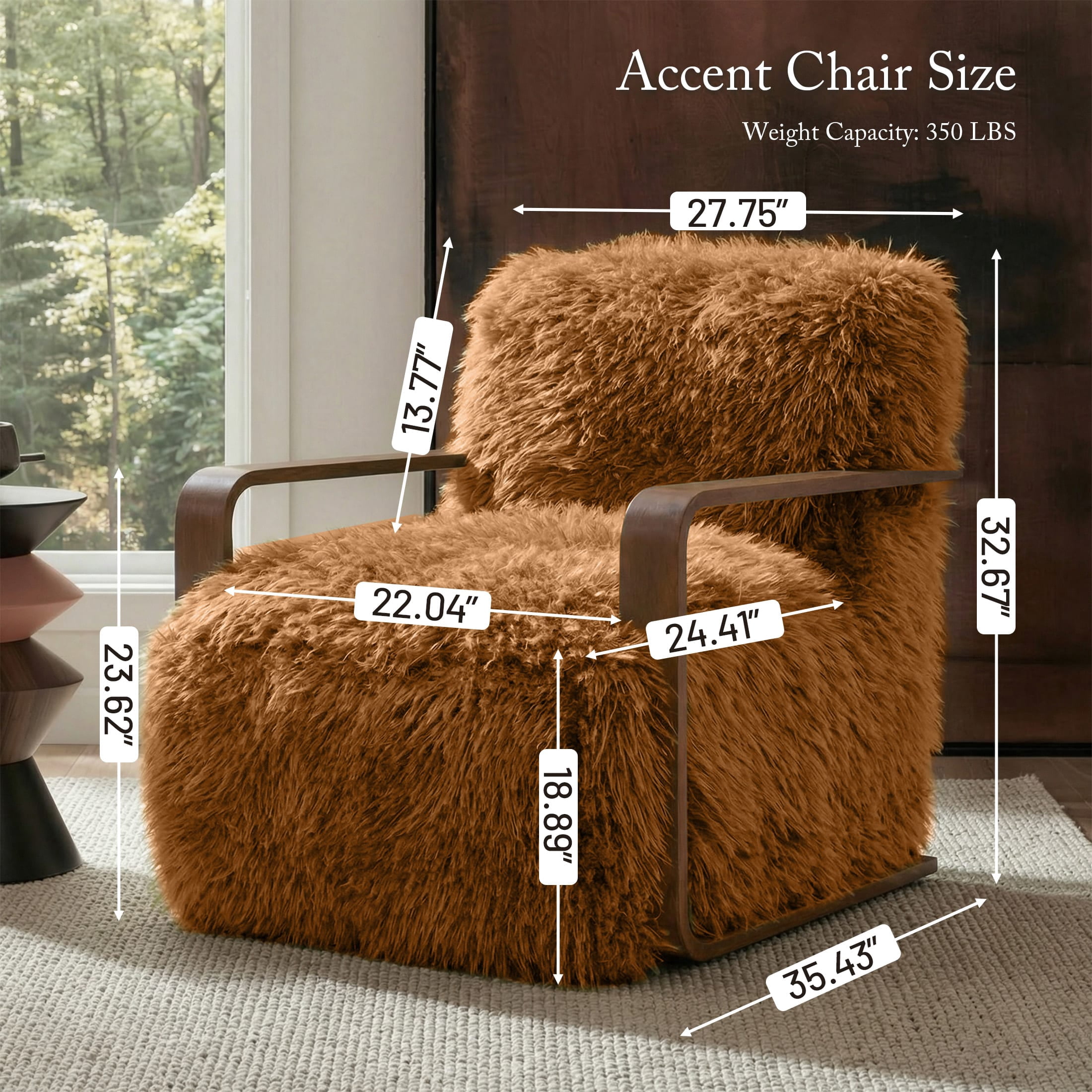 Aenkyo Yeti Contemporary Faux Fur Accent Chair with Dark Walnut Wood Arms, Orange