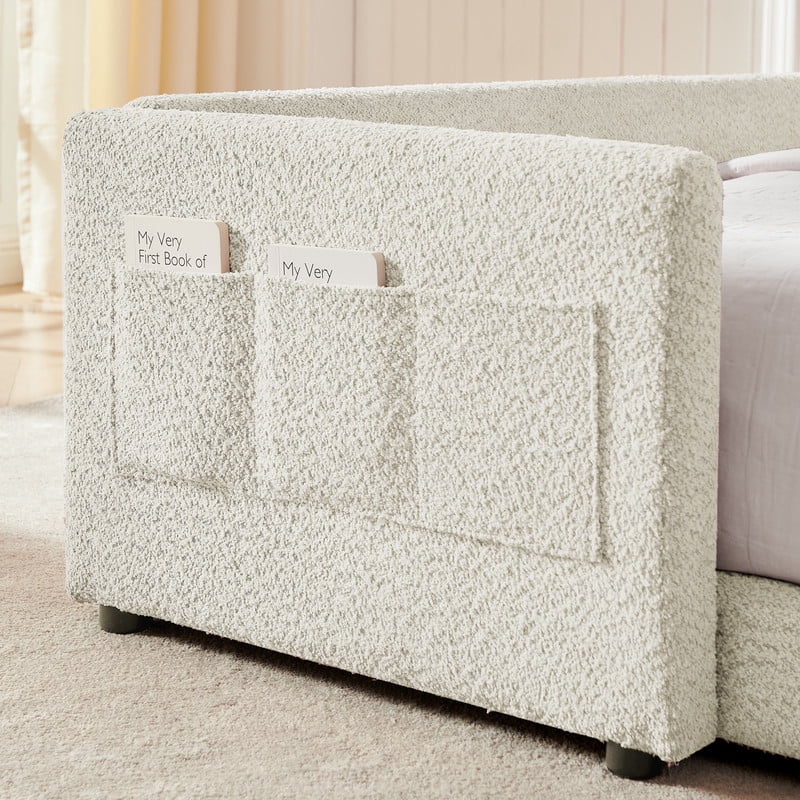 Full Size Upholstered Platform Bed with Rabbit Ear Shaped Headboard, Boucle Fabric Kids Bed with Side Pockets and Safety Guardrail, Space-Saving Corner Bed for Girls, Boys, Teenager
