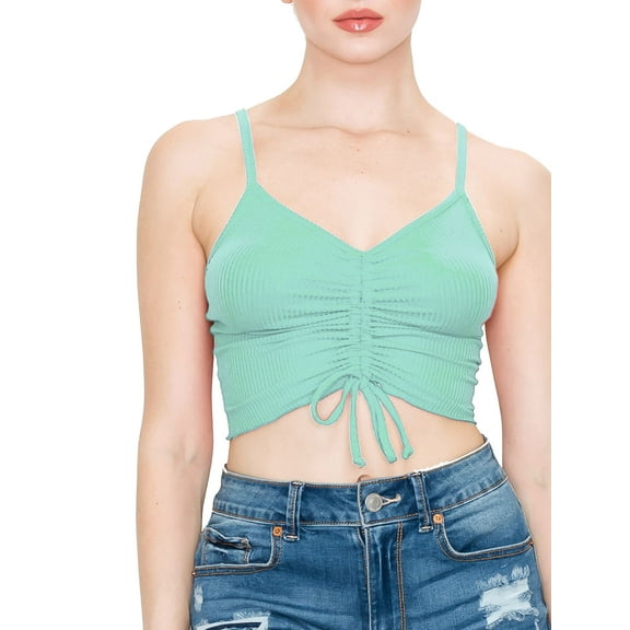 FashionMille Women Drawstring Front Ruched Spaghetti Strap Merrow Hem Rib Jersey Cami Crop Top - Made in USA