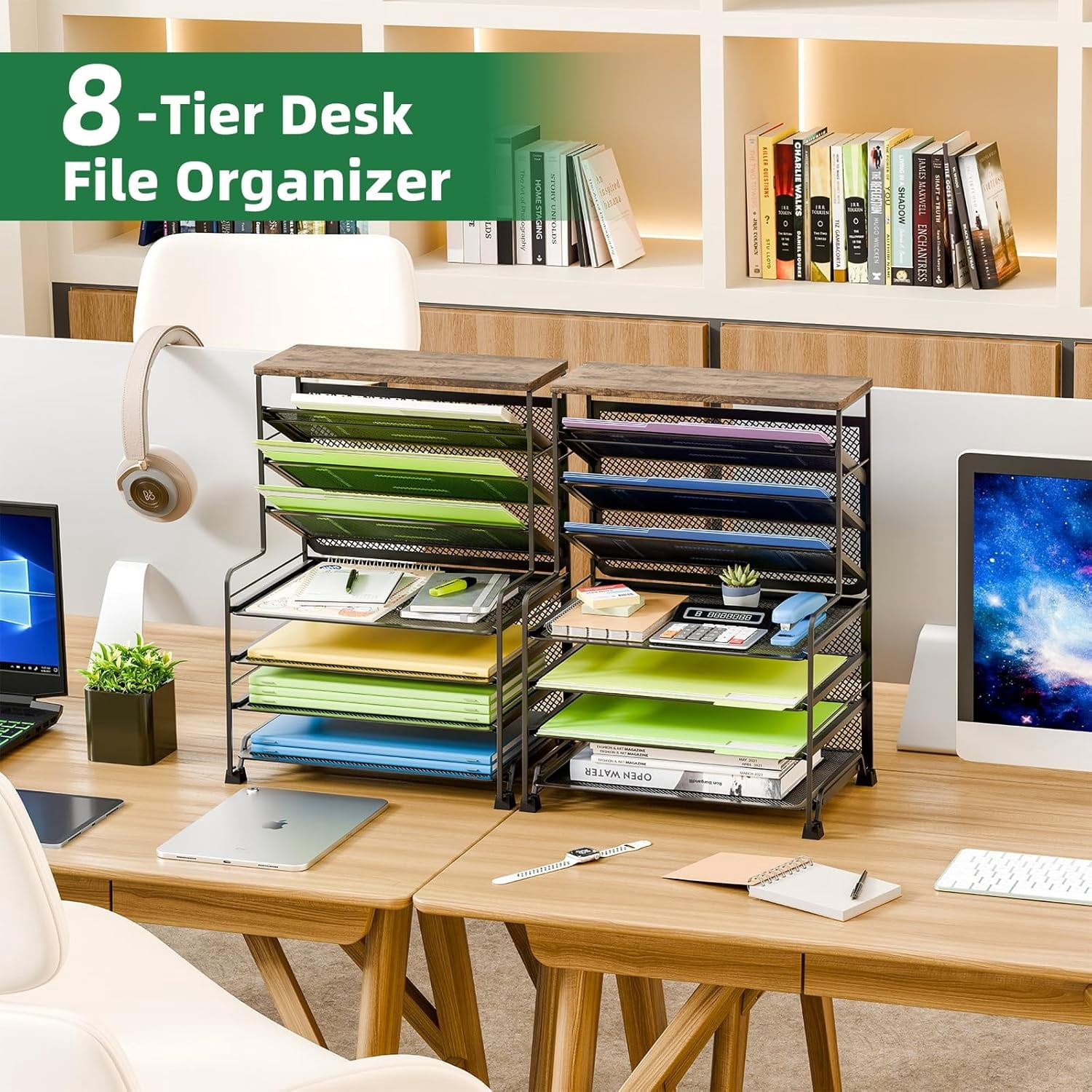 7 Tier Desk File Organizer, 2 Pack Letter Tray Paper Organizer, Mesh Desk Accessories File Folder for Office, Home or School, Black